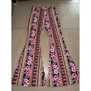 Bear Dance Floral Boho Bell Bottom Flare Pants Pink Striped Tribal Print Large